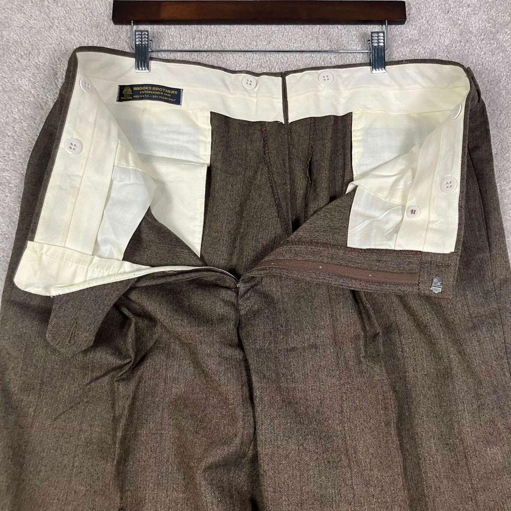Vintage Brooks Brothers Dress Pants Mens 36x32 Brown Wool Pleated Windowpane USA - Picture 5 of 16